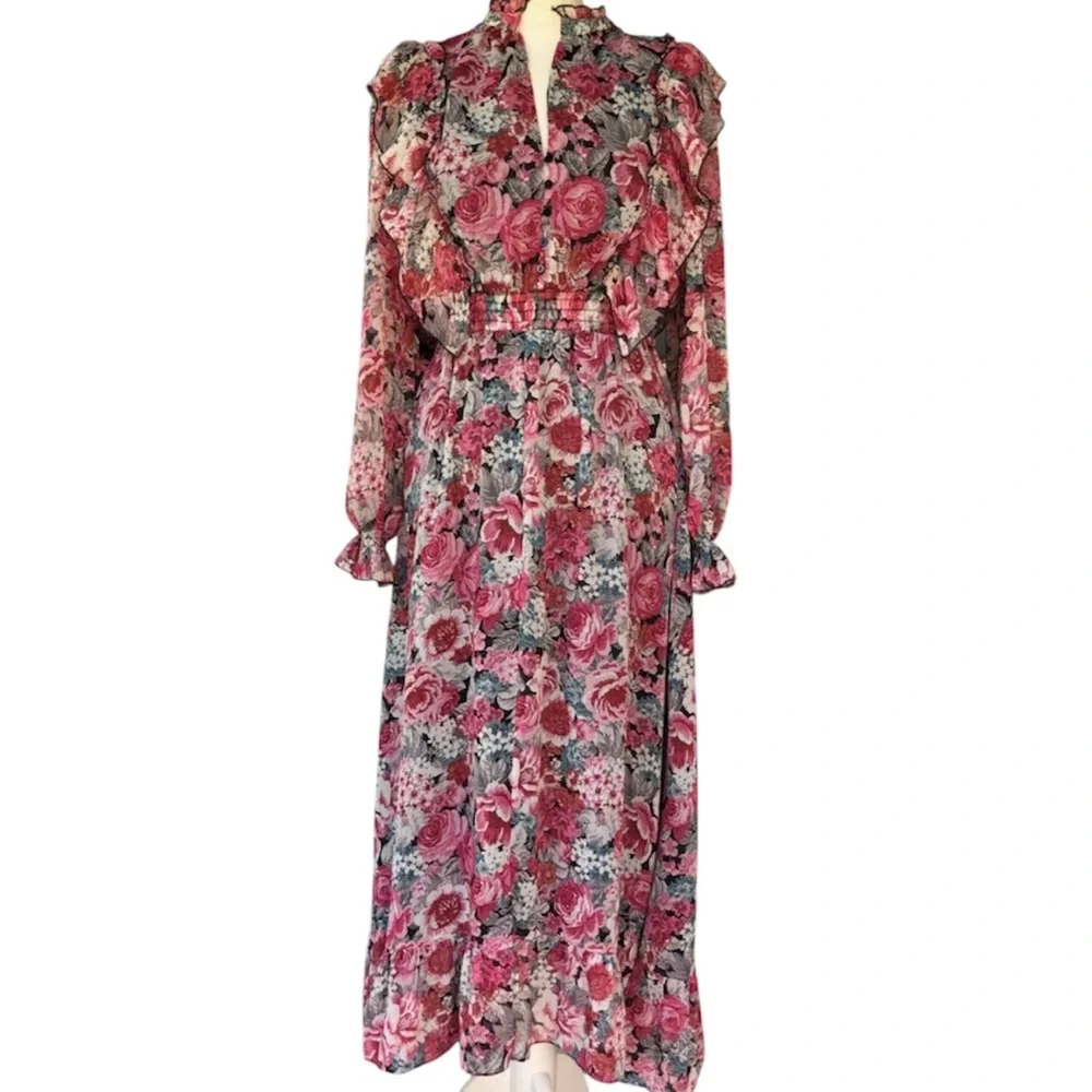 Zara Women’s Floral long sleeve Long Lined Dress Size M - Picture 2 of 16